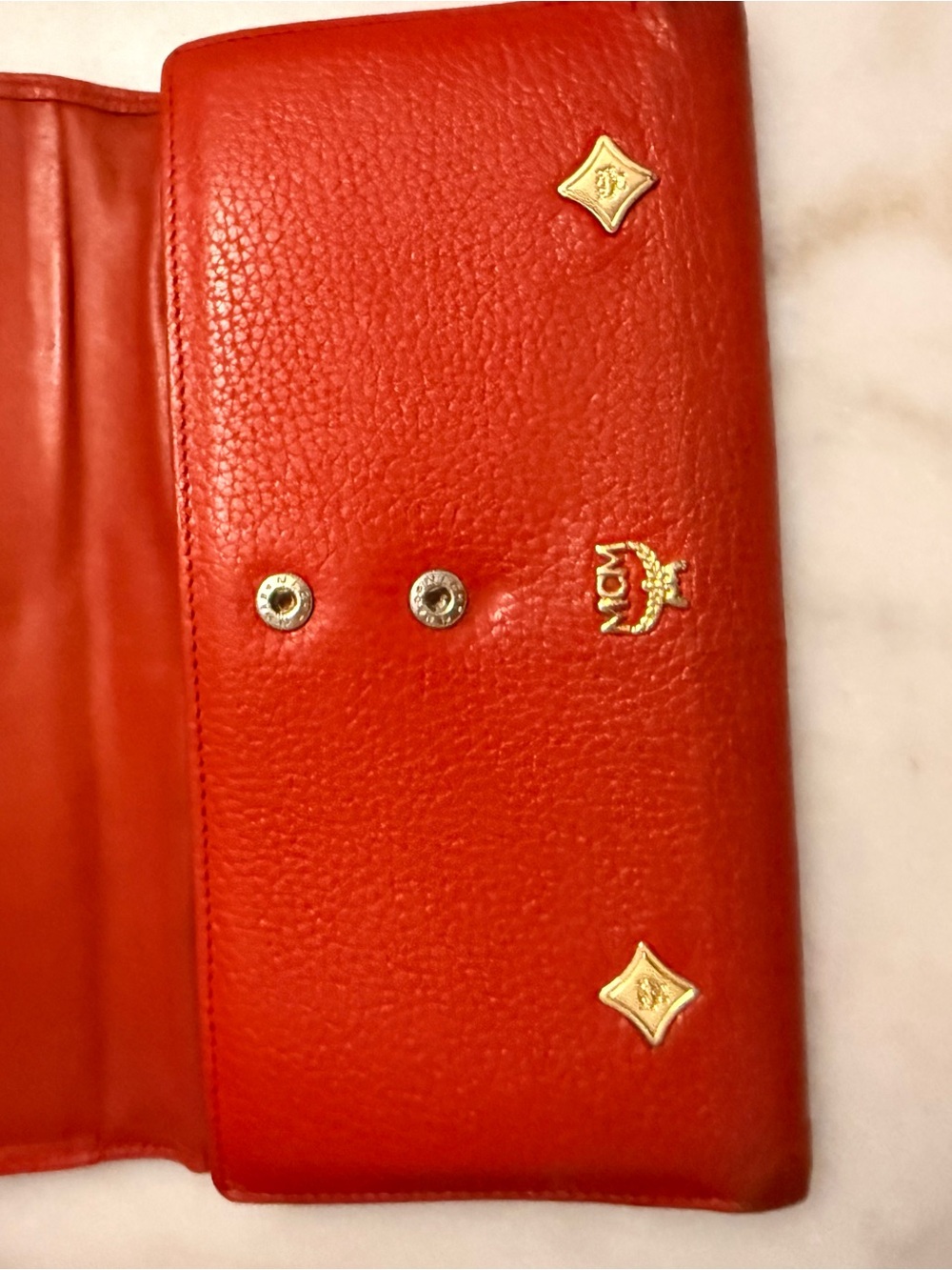 MCM Red Pebbled Leather Continental Wallet with Gold Accents - Picture 6 of 12